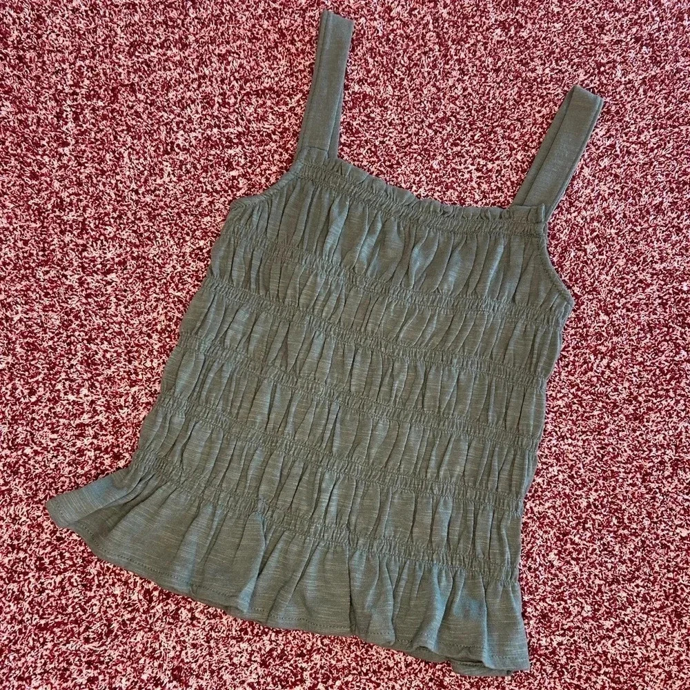 Army Green Smocked Ruffled Bottom Wide Strappy Tank Top Blouse / Women’s Small